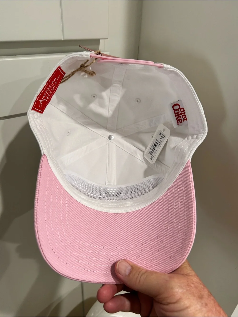 American Needle White Trucker Hat with Pink Bill and Red Embroidery